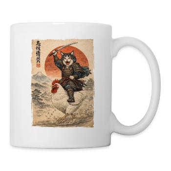 Samurai Cat Riding Chicken Japanese Ukiyoe - Mug - white - Right