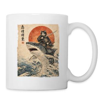 Samurai Cat Riding Shark Japanese Ukiyoe - Mug - white - Right