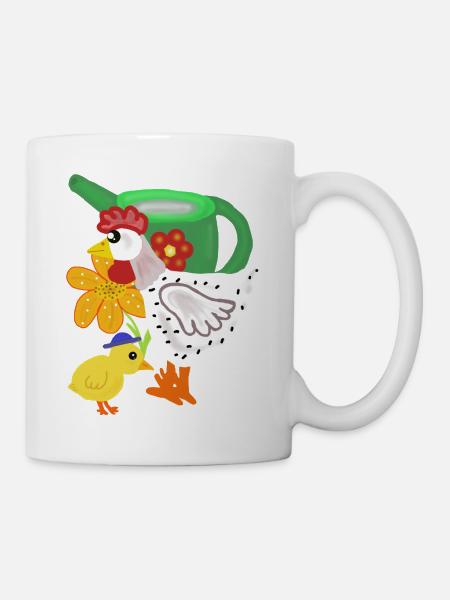 Huhn und Küken im Blumengarten - Tasse - Weiß
