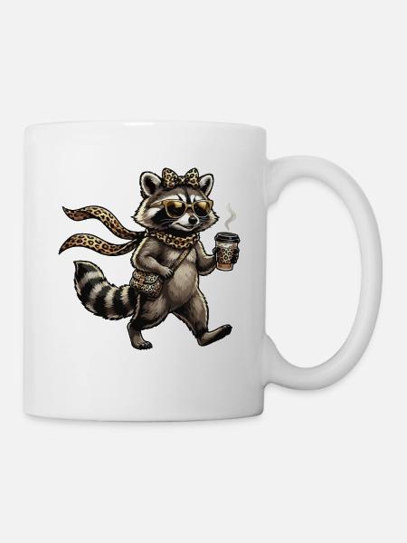 Waschbär Leopardenlook mit Kaffee - Tasse - Weiß