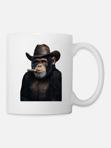 Schimpanse mit Cowboyhut und Zigarre - Tasse - Weiß