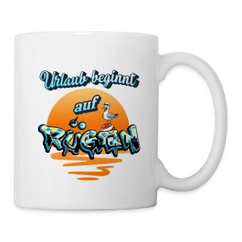 Urlaub beginnt auf Rügen- Möwe & Sonnenuntergang  - Tasse - Weiß - Rechts