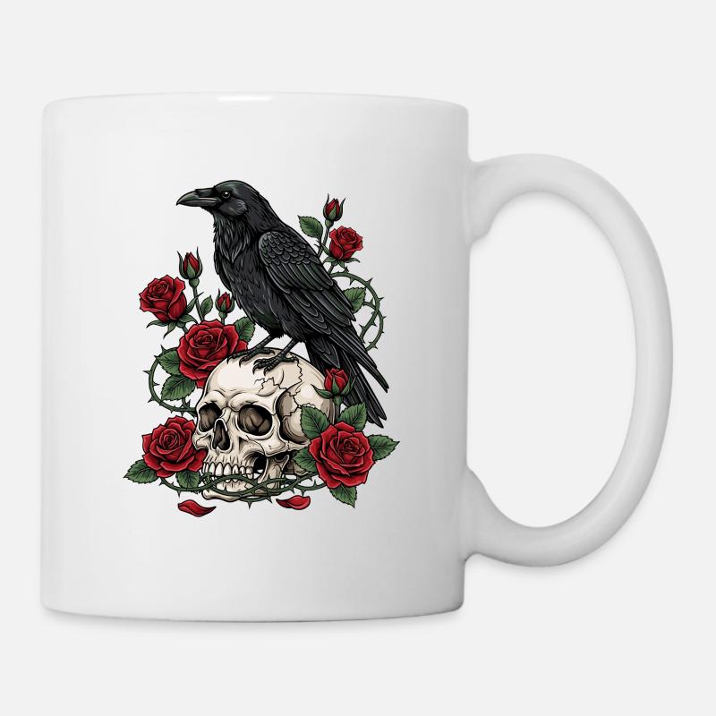 Corbeau de minuit sur des roses de crâne - Mug blanc - blanc