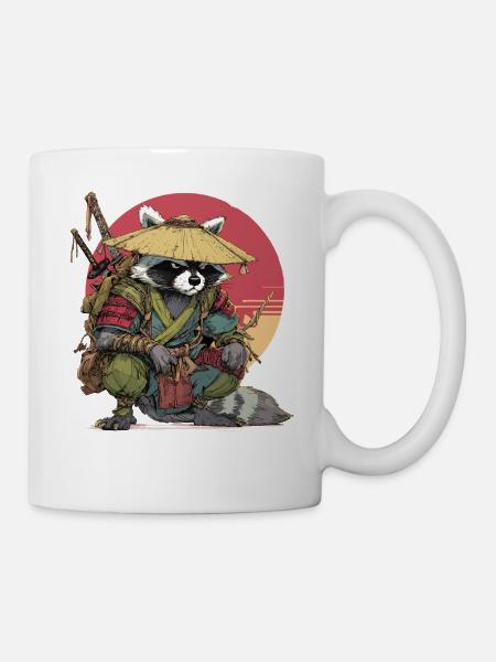 Waschbär-Samurai mit Strohhut - Tasse - Weiß
