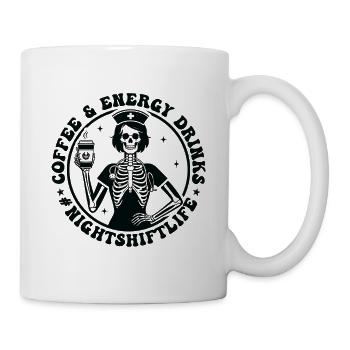 Skelett Barista mit Kaffee & Energy Nachtschicht - Tasse - Weiß - Rechts