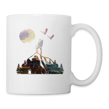 Aquarell Wanderer unter Vollmond Silhouette - Tasse - Weiß - Rechts