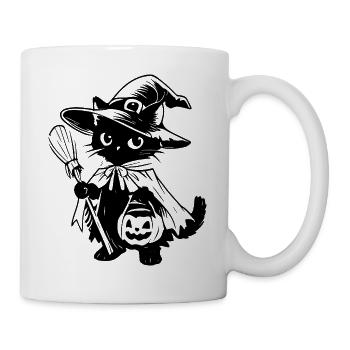 Schwarze Katze Hexe mit Besen und Kürbislaterne - Tasse - Weiß - Rechts