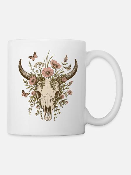 Floraler Longhorn-Schädel - Tasse - Weiß