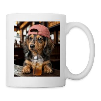 Hund mit Eistee und roter Cap - Tasse - Weiß - Rechts