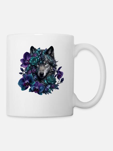 Wolfskopf im Blütenkranz - Tasse - Weiß