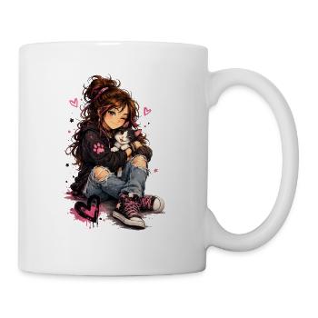 Cat and girl – friendship to cuddle - Mug - white - Right