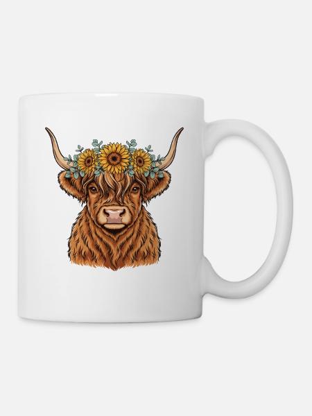Kuh mit Sonnenblumenkrone - Tasse - Weiß