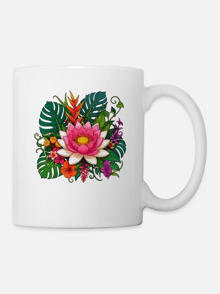 Tropische Lotusblüte auf Schwarz - Tasse - Weiß