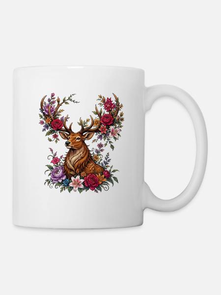 Floraler Hirsch mit Blütengeweih - Tasse - Weiß