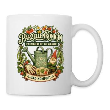 Parzellenkönigin mit Gießkanne und Kompost - Tasse - Weiß - Rechts
