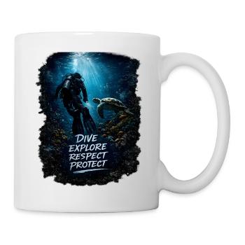 Dive. Explore. Respect. Protect. – Taucher & Meere - Tasse - Weiß - Rechts