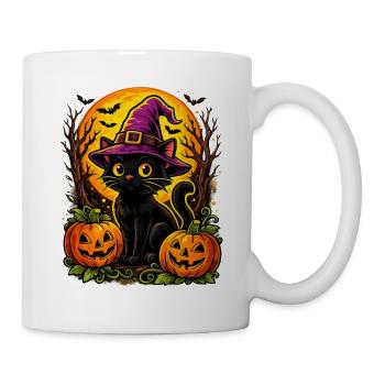 Black cat with witch hat for Halloween - Mug - white - Right