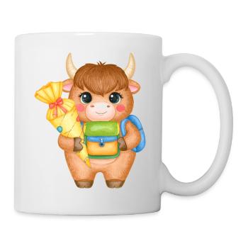 Highland-Kuh mit Schultüte & Ranzen – Schule - Tasse - Weiß - Rechts