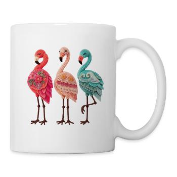 Handgefertigtes Flamingo-Trio in lebendigen Posen - Tasse - Weiß - Rechts
