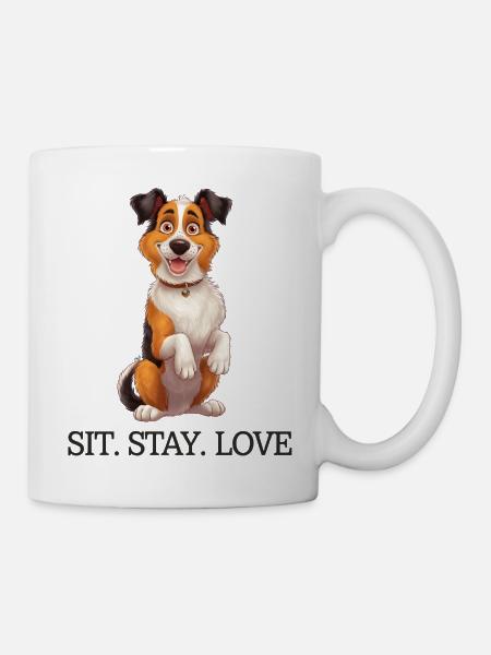 Sit Stay Love Tri-Colour Border Collie Dog Merch - Tasse - Weiß