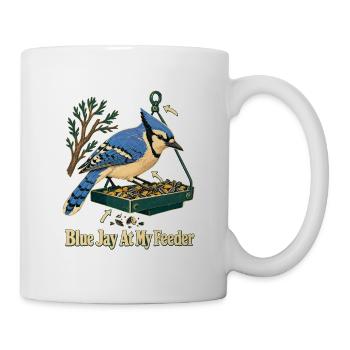 Blauhäher an meinem Futtersteller, Hinterhofvögel Vogelbeobachter - Tasse - Weiß - Rechts
