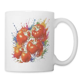Tomato on the Vine, mehrfarbiges Gemüse, Splash Art - Tasse - Weiß - Rechts