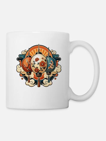 Chinesische Laternen mit Blüten und Koi - Tasse - Weiß