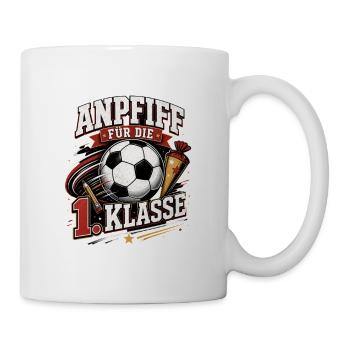 Anpfiff für die 1. Klasse. Einschulung Fußball - Tasse - Weiß - Rechts