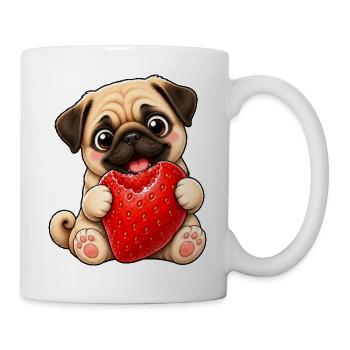 Süßer Mops im Sommer mit Erdbeeren Cartoon - Tasse - Weiß - Rechts