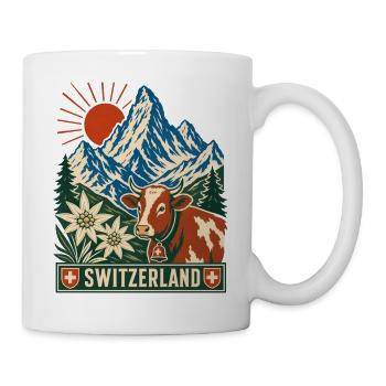 Schweizer Bergkuh im Sonnenaufgang - Tasse - Weiß - Rechts
