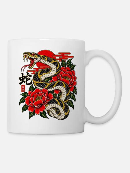 Kobra mit Pfingstrosen Tattoo - Tasse - Weiß
