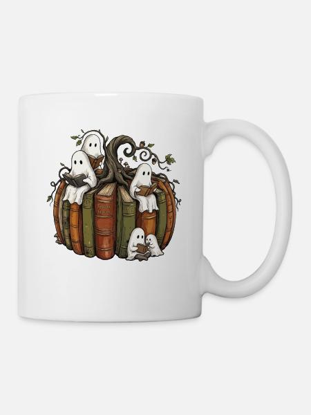 Lesende Geister im Spuk-Kürbis - Tasse - Weiß