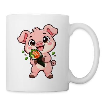 Ferkel-Snacks auf einer geladenen Sushi-Handrolle - Tasse - Weiß - Rechts