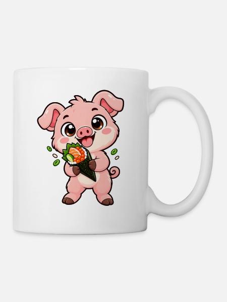 Ferkel-Snacks auf einer geladenen Sushi-Handrolle - Tasse - Weiß