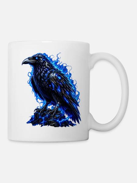 Schwarzer Rabe mit blauer Aura - Tasse - Weiß