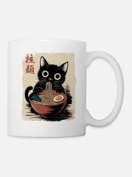 Schwarze Katze isst Ramen Nudeln Anime - Tasse - Weiß
