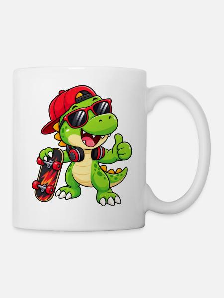 Dino-Skater mit Sonnenbrille und Mütze - Tasse - Weiß
