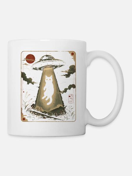 Schwarze Katze UFO Alien Im Lichtstrahl - Tasse - Weiß