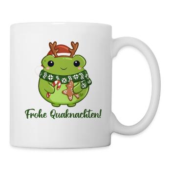 Quakender Weihnachtsfrosch mit Weihnachtsgrüßen - Tasse - Weiß - Rechts