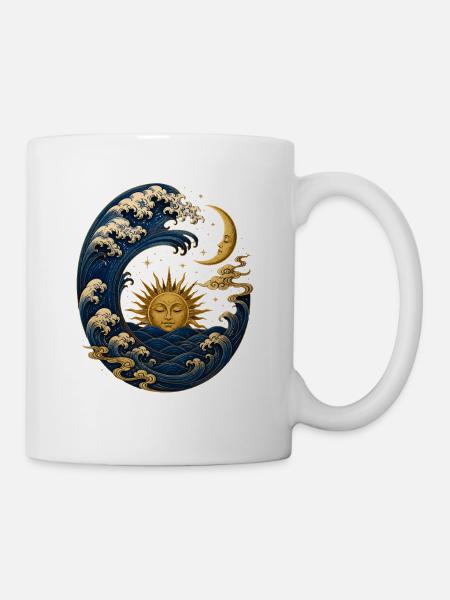 Japanische Welle mit Sonne und Mond - Tasse - Weiß