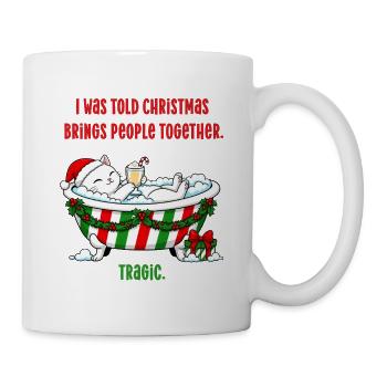 Katze im Weihnachts-Schaumbad mit Weihnachtsmütze und Eierlikör - Tasse - Weiß - Rechts