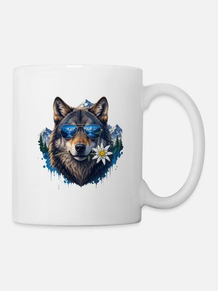 Cooler Wolf mit Sonnenbrille Berge Edelweiss - Tasse - Weiß