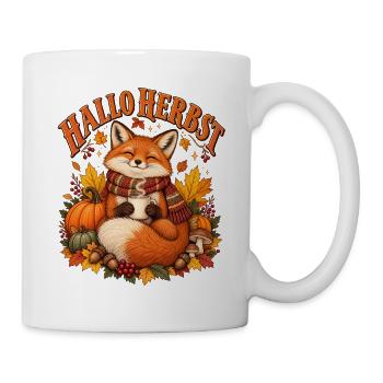 Hallo Herbst – Gemütlicher Fuchs mit Kaffee - Tasse - Weiß - Rechts
