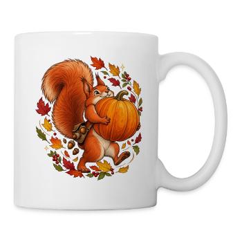 Eichhörnchen mit Kürbis – Süßes Herbstmotiv - Tasse - Weiß - Rechts