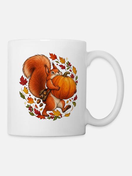 Eichhörnchen mit Kürbis – Süßes Herbstmotiv - Tasse - Weiß