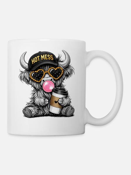 lustiges Hochlandrind mit Kaffee und Basecap - Tasse - Weiß