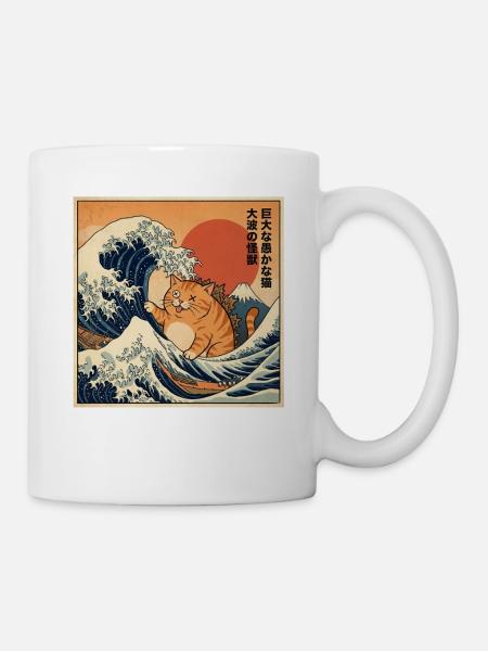 Japan Welle Kaiju Riesige Dumme Katze 巨大な愚かな猫 - Tasse - Weiß