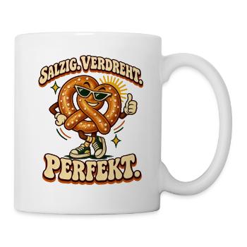 Salzig. Verdreht. Perfekt. Lustige Brezel - Tasse - Weiß - Rechts