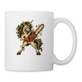 Psycho Einhorn Kettensäge Horror Shirt - Tasse - Weiß - Rechts