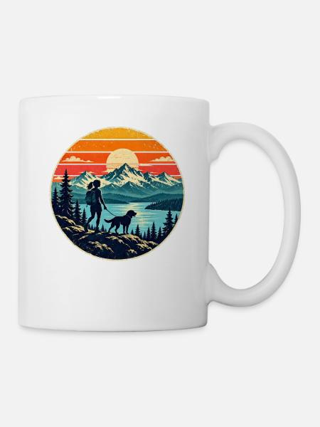 Wandern mit Hund – Wanderin Berge Retro - Tasse - Weiß